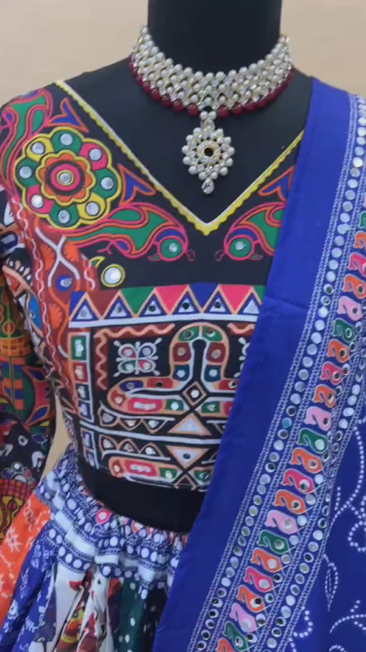 Designer Butter Silk Lehenga Choli Set Navy Multi | Digital Print, Real Mirror Work