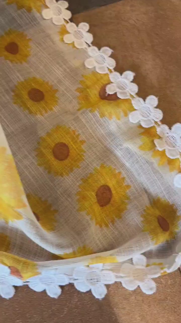 Premium Linen Saree with Sunflower Digital Print and Lace Border – Yellow
