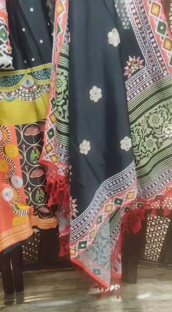 Designer Chinon Silk Lehenga Choli Set Black Multi | Digital Print, Real Mirror Work