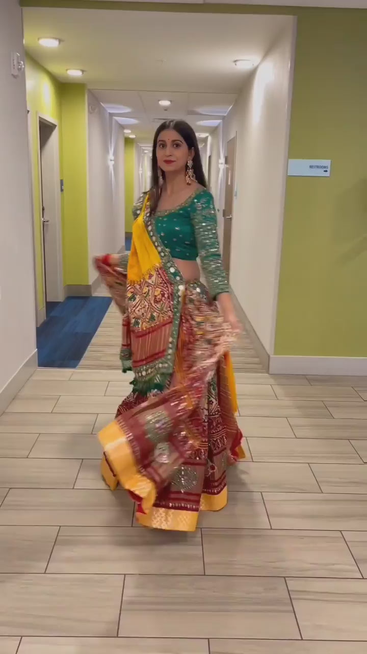 Designer Chinon Silk Lehenga Choli Set Green Multi | Digital Print, Real Mirror Work