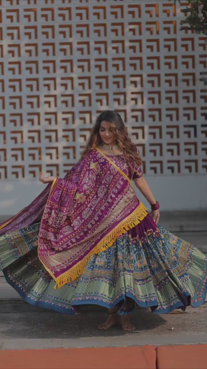 Designer Butter Silk Lehenga Choli Set Purple Multi | Digital Print, Real Mirror Work