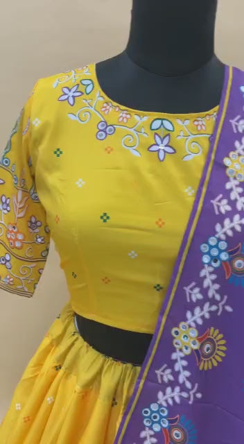 Designer Chinon Silk Lehenga Choli Set Yellow & Purple | Digital Print, Real Mirror Work