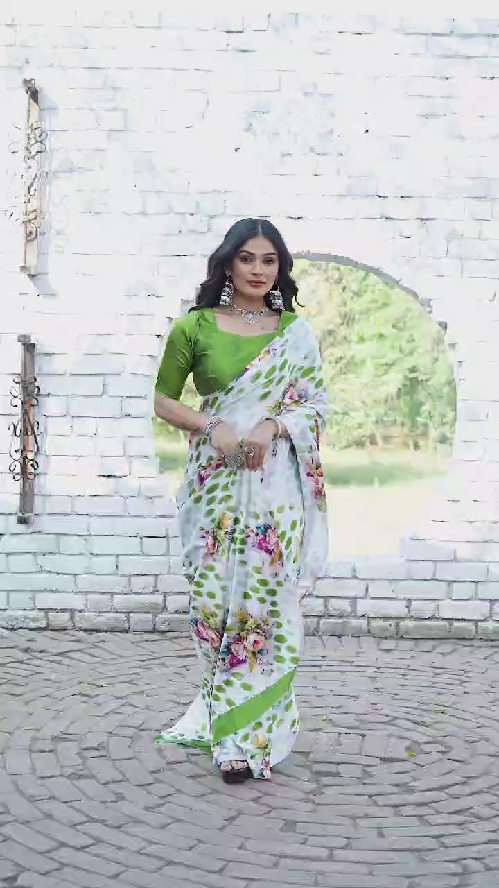 Original Japan Satin  Olive Green Saree with Elegant Digital Floral Print