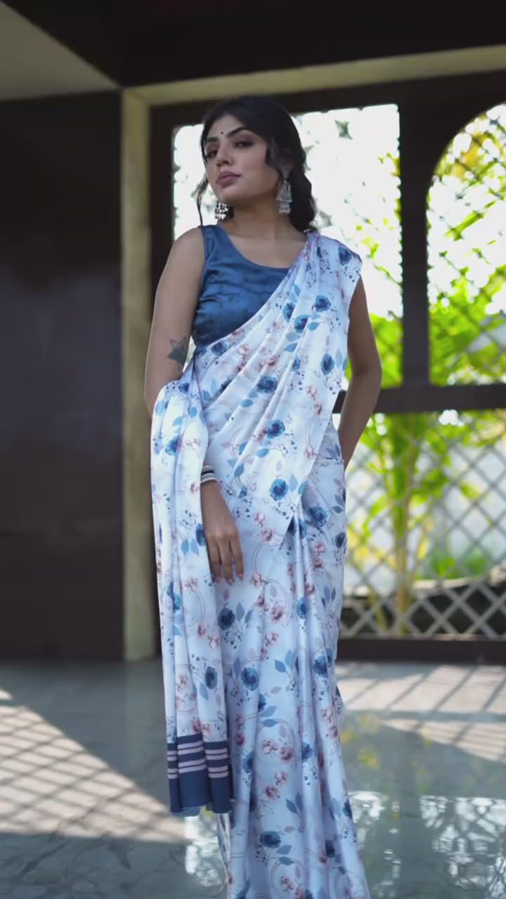 Original Japan Satin White-Blue Saree with Elegant Blue Floral Digital Print