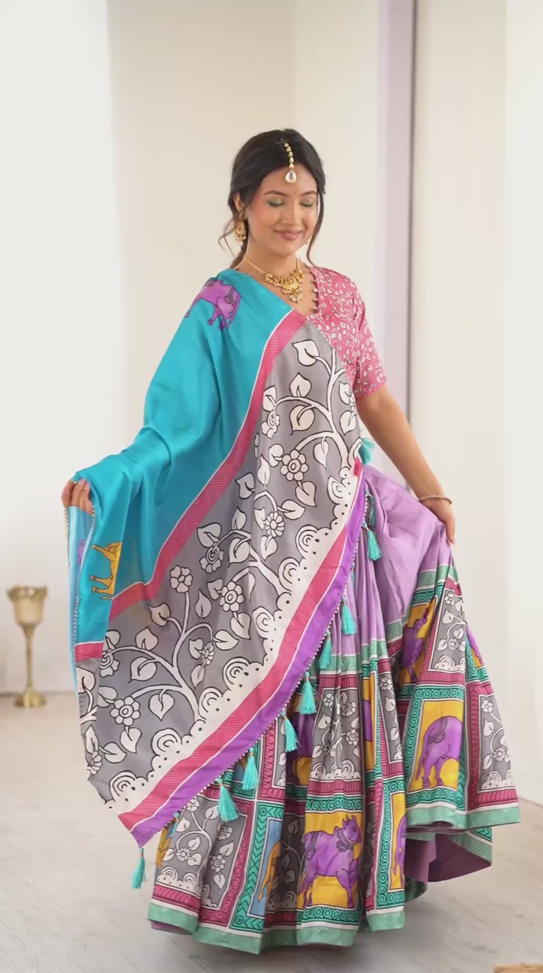 Tussar Silk Kalamkari Print Lehenga Choli Set with Lace & Tassel Dupatta