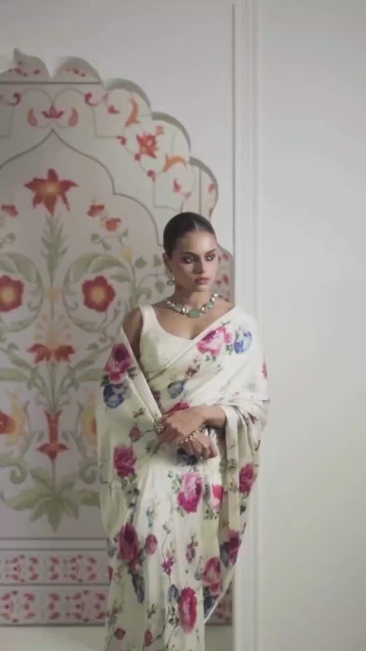 Original Japan Satin White Saree with Elegant White Flower Digital Print
