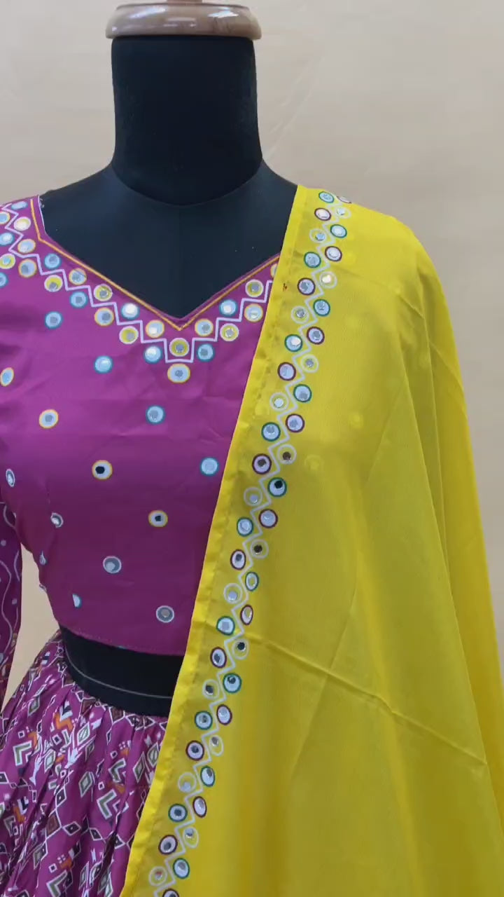 Designer Chinon Silk Lehenga Choli Set Navy & Teal | Digital Print, Real Mirror Work (Copy)Designer Chinon Silk Lehenga Choli Set Purple & Yellow | Digital Print, Real Mirror Work