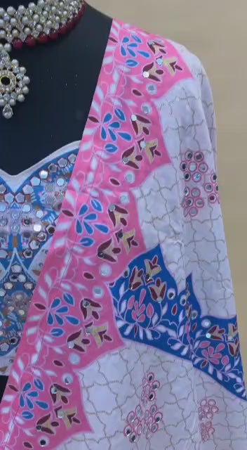 Designer Butter Silk Lehenga Choli Set Pink Multi | Digital Print, Real Mirror Work