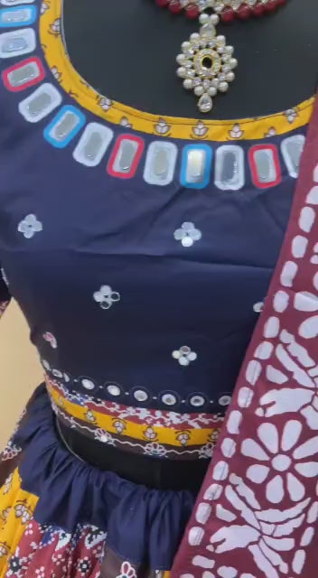 Designer Butter Silk Lehenga Choli Set Patchwork Multi | Digital Print, Real Mirror Work