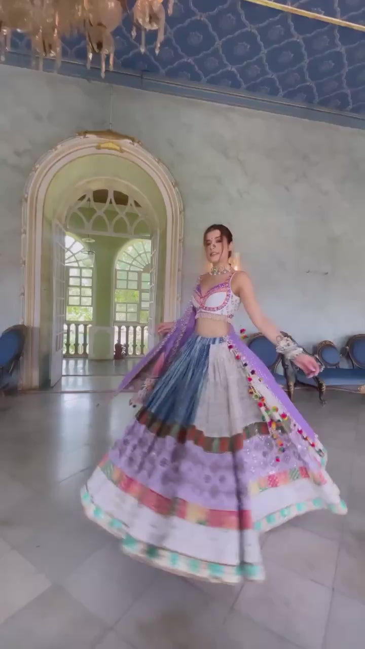 Designer Butter Silk Lehenga Choli Set Blue Multi | Digital Print, Real Mirror Work